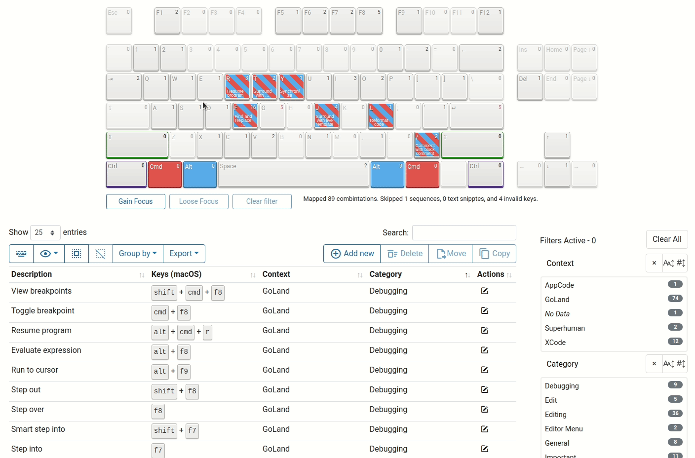 Filtering the collection table for all shortcuts that contain the F key.